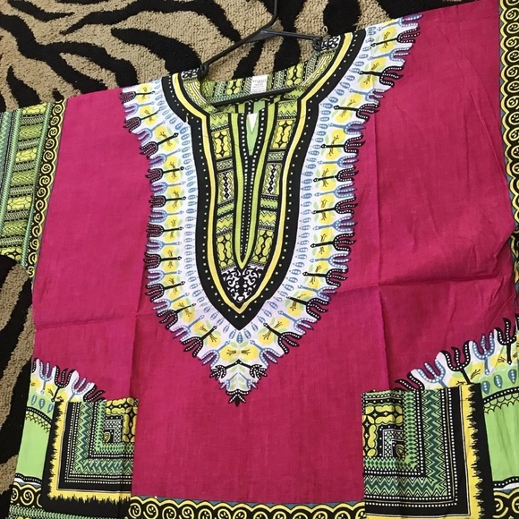 African Print Dashiki Men Women Shirt Traditional Vtg. Festive One Size FUCHSIA - Picture 3 of 4